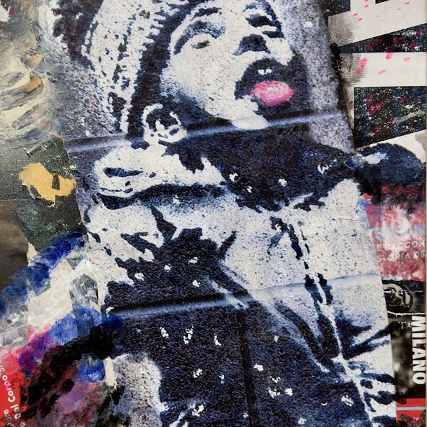 ROBERTO SCALA (1968) Not banksy, 2023 Acrilico e collage su tela cm 50x40 Firma al fronte Firma, titolo, datazione e tecnica al retro Autentica dell’Artista su fotografia