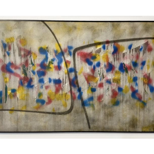 Claudio Nicolini (1954 - 2012) “ INCONTRI-URLAMI “ 1982 Olio e tecnica mista su tela grezza Cm 130 x 70 Titolo , firma e anno al retro