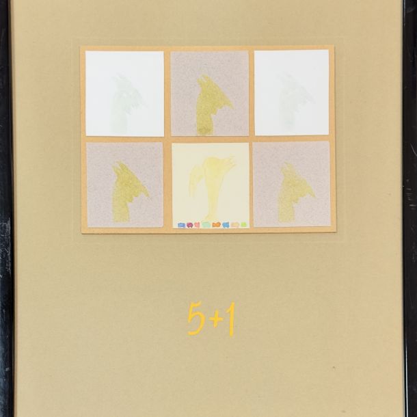 Bruno Cassaglia “ 5 + 1 “ Tecnica mista su cartoncino cm 30 x 40 Etichetta al retro di archivio Firma al fronte al centro