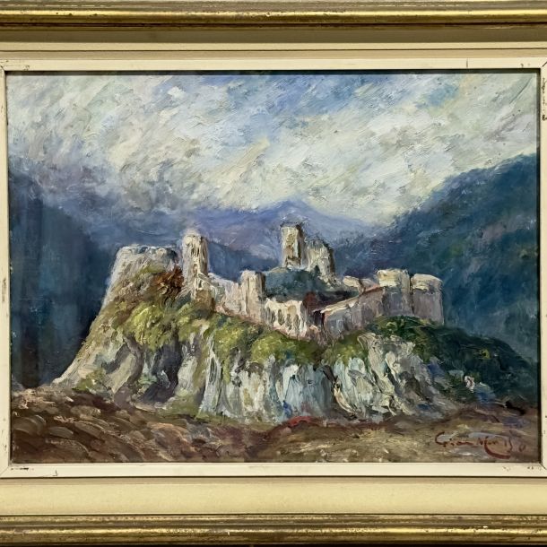 Giorgio Moiso ( 1942 - 2019 ) “Vecchio castello nel Tirolo” Olio su masonite anni 1970 Cm 37 x 47 Firma al fronte in basso a destra Titolo al retro