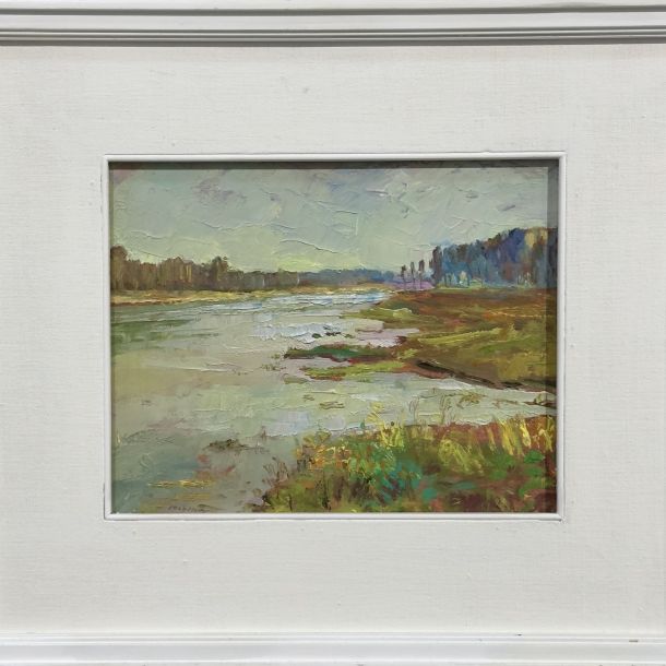 Raffaele Collina quadro olio su tavola con titolo “rive del Ticino”