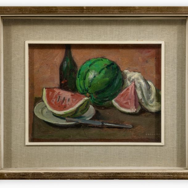 Raffaele Collina (1899-1968) “Cocomeri” Olio su tavola Cm 18x23,5 Firma al fronte Etichetta della mostra ‘Esposizione d’arte internazionale - La pittura nel piccolo formato” al retro” Annotazioni scritte al retro vol 1 “Pittori Italiani” 1951 edito da Camesasca-Garzanti e “Dizionario degli artisti Contemporanei” edito da istituto tipografico editoriale “ITE” Milano