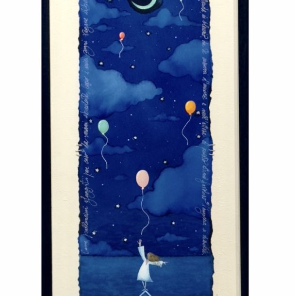 Andrea Agostini “Come Palloncini Sfuggiti Per Caso” Acrilico su tela, collage, acquarello su carta Cm 35 x 85 Firma e titolo al retro Etichetta “Galleria San Lorenzo al Ducale” di Genova